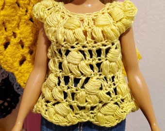 Handmade Crochet Lace Top: Yellow Cotton Doll Clothes for Curvy 11.5" Doll