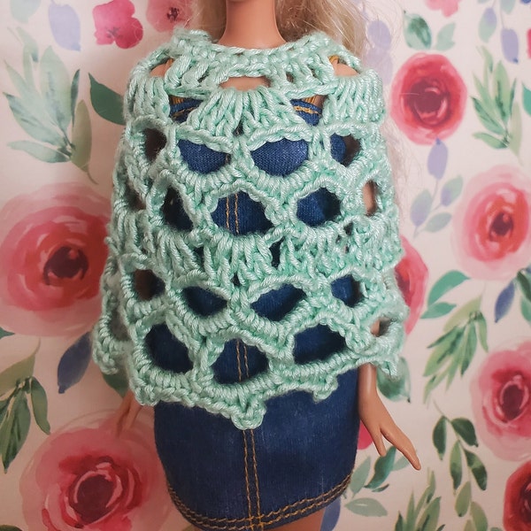 Crochet pattern for beginners PONCHO wrap cape rayon yarn for vintage and modern 11.5" doll # 3023 DIY easy to make