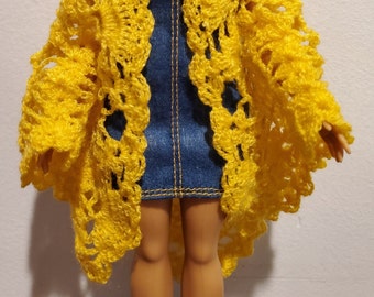 Handmade Crochet Lace Shawl: Yellow Wool Wrap for 11.5" Doll