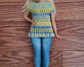 Crochet pattern Yellow blueT-shirt cotton thread for curvy Barbie doll 3107 DIY