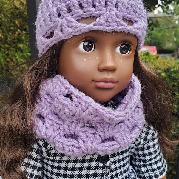 For Beginners crochet pattern 18 inch doll Hat and TUBE SCARF lavender easy DIY