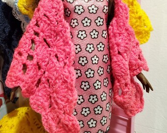 Shawl HANDMADE crochet lace shawl wrap triangle OOAK fits curvy and vintage 11.5" doll pink wool lace yarn ready for shipping #101055