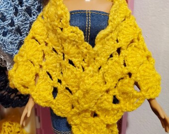 Handmade Crochet Shawl Lace Yellow Wool, 11.5" Doll