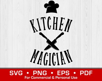 May include: Black and white graphic design with the text "Kitchen Magician" and two crossed chef's knives. A chef's hat is above the text.