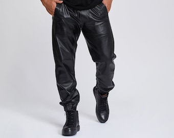 Suvi NYC Men's leather pants. 100 % real Turkish leather. Lambskin. Soft. Great quality. Regular fit. Elastic waistband. Side pockets.