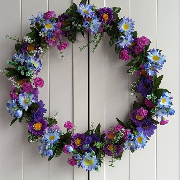 Mixed daisy Easter Spring summer door wreath. Mixed purple daisy wreath.