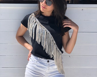 T-shirt with Sequin Fringes, Dressy Black T-shirt