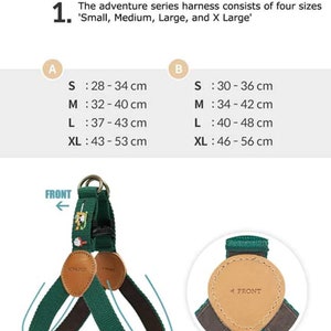 May include: Size guide for a dog harness, with measurements in centimeters. The harness is green with brown leather accents. The image includes size charts for the front and back of the harness, with sizes ranging from Small to X-Large.
