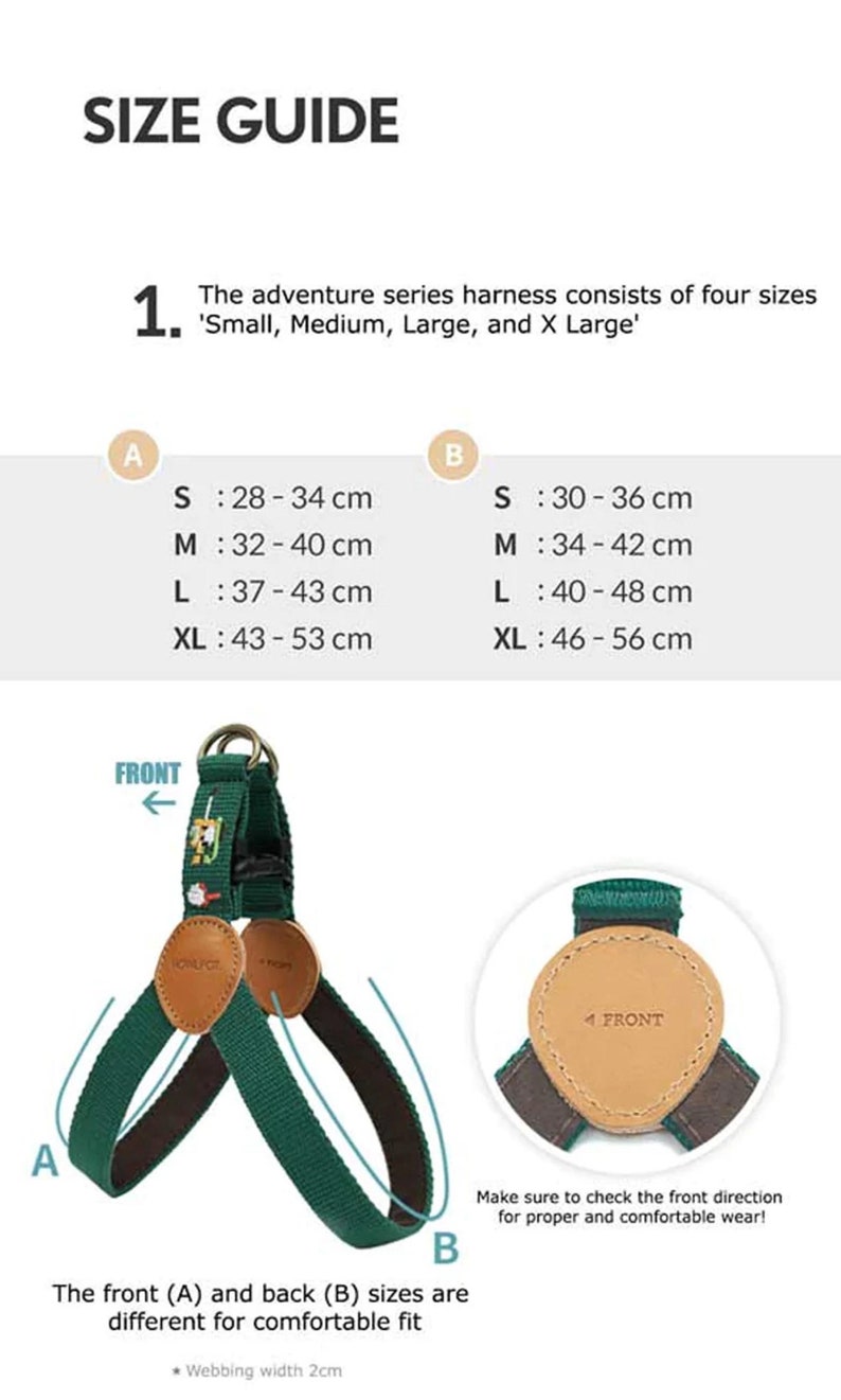 May include: Size guide for a dog harness, with measurements in centimeters. The harness is green with brown leather accents. The image includes size charts for the front and back of the harness, with sizes ranging from Small to X-Large.