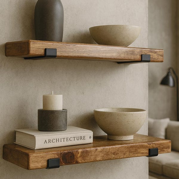 Carolina Home - SET OF TWO (2) Rustic Floating Shelves with Industrial Brackets, Modern, Kitchen Shelf, Farmhouse Home Decor, Minimalist