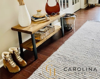 Carolina Home - Decorative Entryway Bench with Farmhouse Style, Modern, Minimalist Metal Legs. BONUS Removeable Lower Shelf Included