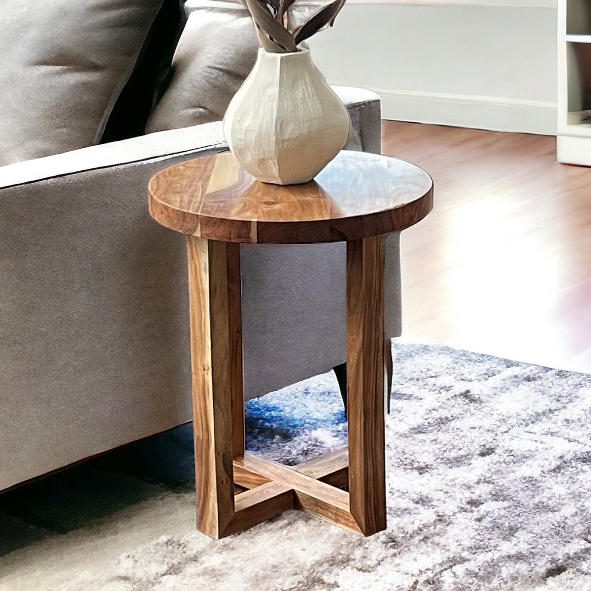 Round Accent Side End Table Handmade With Solid Acacia Hardwood and All Wood Construction