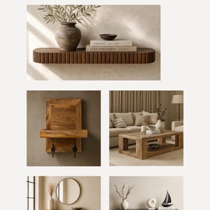 Puede incluir: Una colecci&oacute;n de muebles de madera que incluye un estante de pared acanalado, un perchero de pared con ganchos, una mesa de centro rectangular y dos mesas consola. El texto "NEW ARRIVALS, TIMELESS APPEAL." aparece en la parte superior.