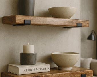 May include: Two horizontal wooden floating shelves mounted on a wall with black metal brackets. The top shelf holds a dark gray vase and a beige bowl. The bottom shelf holds a white candle in a gray holder, a book titled ARCHITECTURE, and a beige bowl.