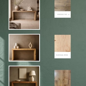 Puede incluir: Una presentaci&oacute;n de producto que muestra tres mesas consola rectangulares de madera con diferentes acabados. Las opciones de color incluyen Greige No. 11, Natural Pine y Special Walnut, cada una con su muestra de veta de madera.
