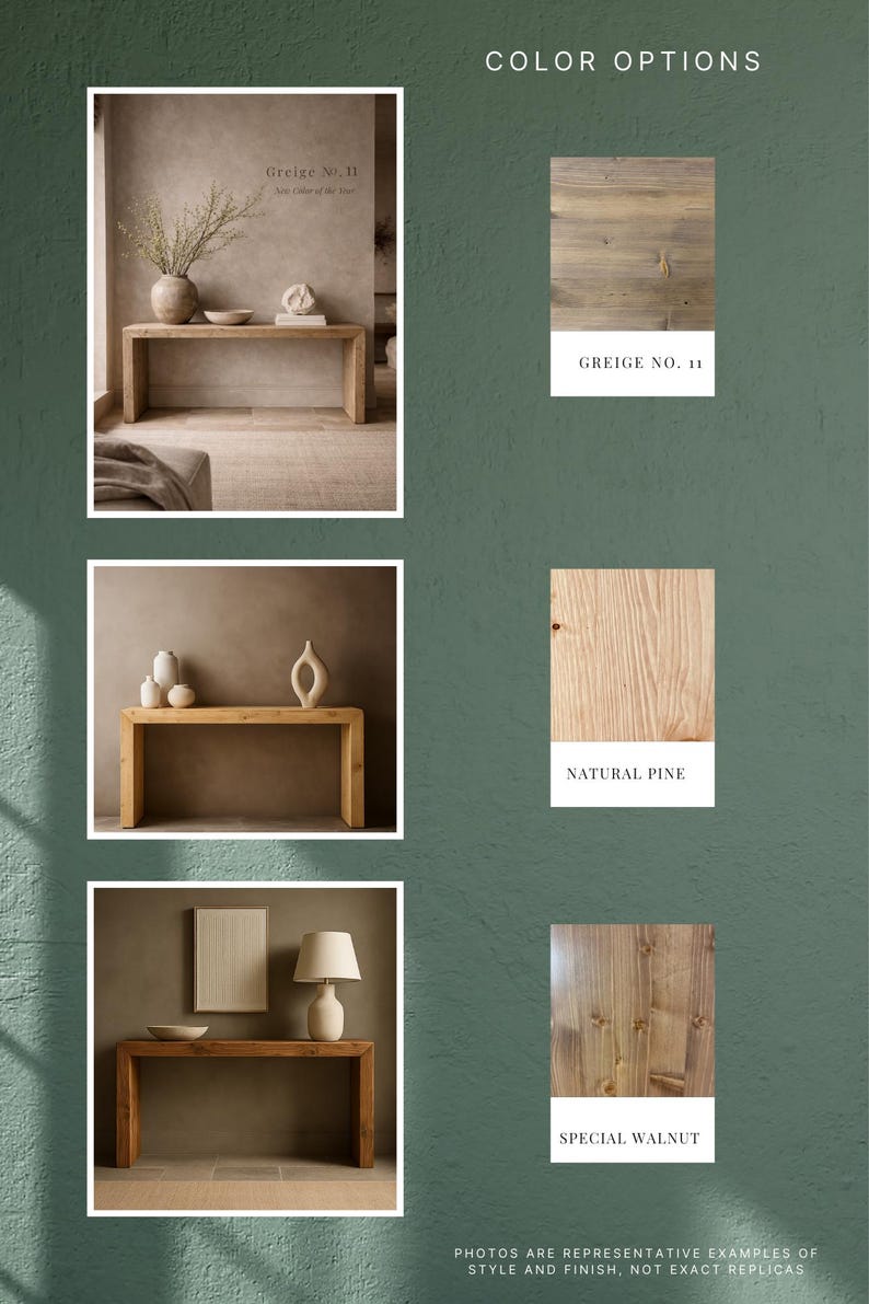 Puede incluir: Una presentaci&oacute;n de producto que muestra tres mesas consola rectangulares de madera con diferentes acabados. Las opciones de color incluyen Greige No. 11, Natural Pine y Special Walnut, cada una con su muestra de veta de madera.