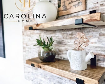 Carolina Home - SET OF TWO (2) Rustic Floating Shelves with Industrial Brackets, Modern, Kitchen Shelf, Farmhouse Home Decor, Minimalist