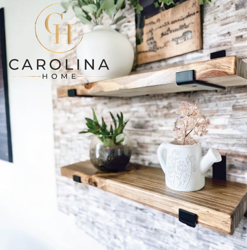 Carolina Home SET OF TWO 2 Rustic Floating Shelves with Industrial Brackets, Modern, Kitchen Shelf, Farmhouse Home Decor, Minimalist image 1