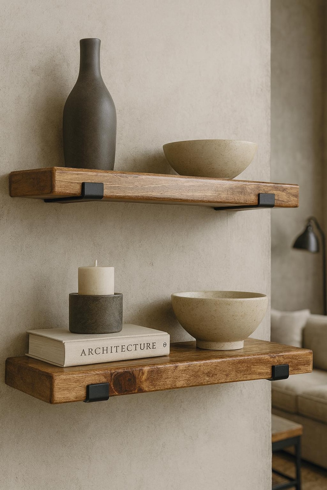 Carolina Home - SET OF TWO (2) Rustic Floating Shelves with Industrial Brackets, Modern, Kitchen Shelf, Farmhouse Home Decor, Minimalist - Dark Walnut, 36" x 6" (5.5")