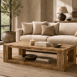 May include: A rectangular wooden coffee table with a lower shelf, featuring a natural wood grain finish. The top surface holds a lit candle, two stacked books, and a small bowl, while the lower shelf contains a bowl of beads and two books.
