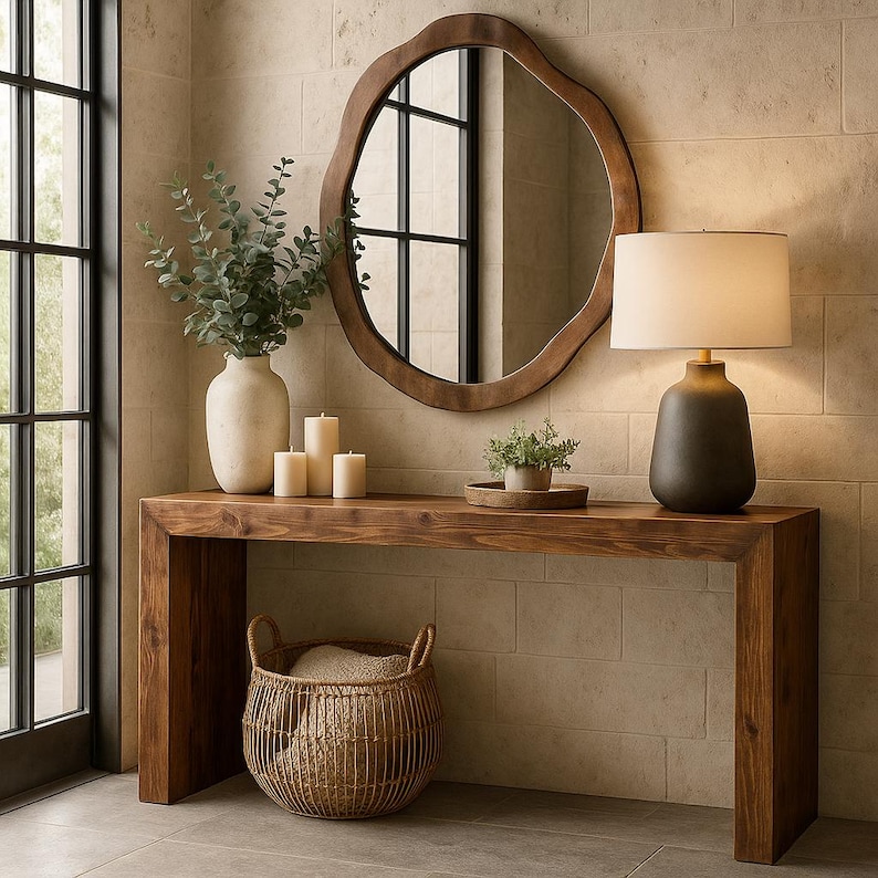 Puede incluir: Una mesa consola rectangular de madera con acabado natural, con un espejo de pared ovalado irregular encima. Sobre la mesa hay un jarr&oacute;n blanco con vegetaci&oacute;n, tres velas de pilar, una peque&ntilde;a planta en maceta y una l&aacute;mpara oscura con pantalla.