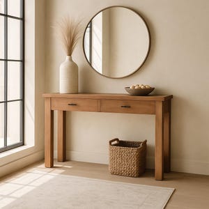 May include: A light brown wooden console table with two drawers, a round mirror, and a woven basket. A tall vase with dried ornamental grass sits on the table. A bowl of decorative spheres is on the table.