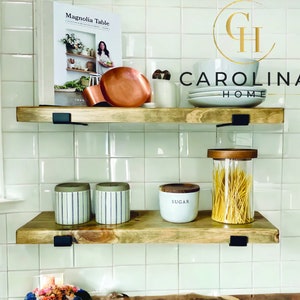 Carolina Home SET OF TWO 2 Rustic Floating Shelves with Industrial Brackets, Modern, Kitchen Shelf, Farmhouse Home Decor, Minimalist image 2