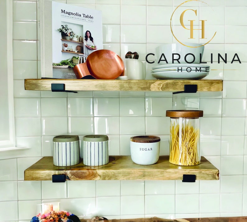 Carolina Home SET OF TWO 2 Rustic Floating Shelves with Industrial Brackets, Modern, Kitchen Shelf, Farmhouse Home Decor, Minimalist image 2