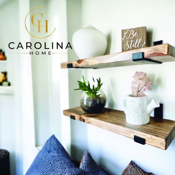 Carolina Home - Rustic Floating Shelf with Industrial Brackets, Kitchen or Laundry Shelves, Farmhouse Home Decor, Minimalist Wall Decor