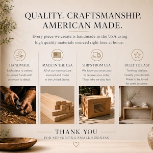 Puede incluir: Un gr&aacute;fico informativo titulado QUALITY. CRAFTSMANSHIP. AMERICAN MADE. que presenta cuatro secciones: HANDMADE con un carpintero, MADE IN THE USA con bloques de madera, SHIPS FROM USA con una caja de cart&oacute;n y BUILT TO LAST con un interior.