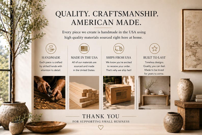 Puede incluir: Un gr&aacute;fico informativo titulado QUALITY. CRAFTSMANSHIP. AMERICAN MADE. que presenta cuatro secciones: HANDMADE con un carpintero, MADE IN THE USA con bloques de madera, SHIPS FROM USA con una caja de cart&oacute;n y BUILT TO LAST con un interior.