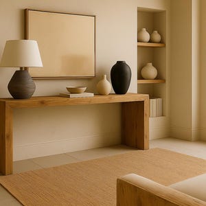 Puede incluir: Una mesa consola rectangular de madera con una l&aacute;mpara de mesa gris oscuro texturizada con pantalla blanca, un cuenco peque&ntilde;o sobre un libro y dos jarrones decorativos. Un lienzo en blanco enmarcado cuelga encima y un nicho de pared muestra tres jarrones.