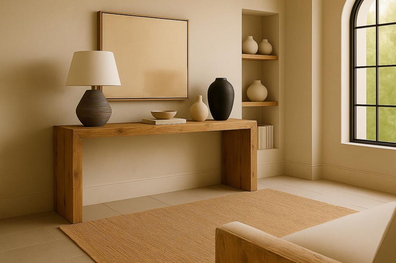 Puede incluir: Una mesa consola rectangular de madera con una l&aacute;mpara de mesa gris oscuro texturizada con pantalla blanca, un cuenco peque&ntilde;o sobre un libro y dos jarrones decorativos. Un lienzo en blanco enmarcado cuelga encima y un nicho de pared muestra tres jarrones.