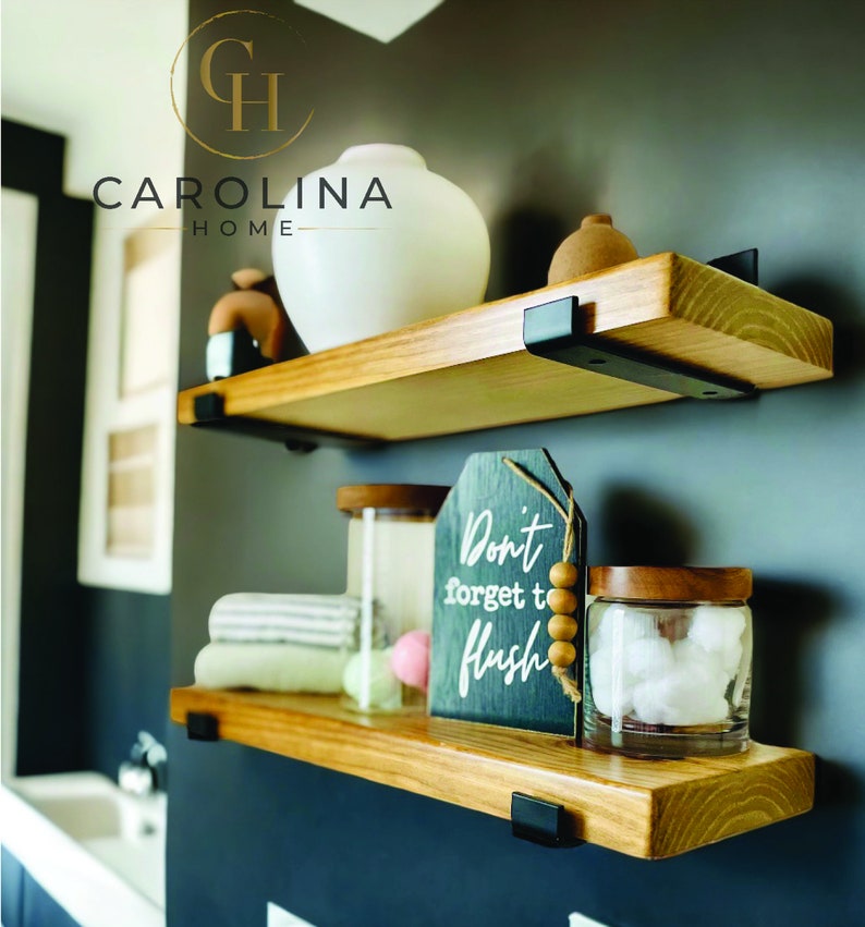 Carolina Home SET OF TWO 2 Rustic Floating Shelves with Industrial Brackets, Modern, Kitchen Shelf, Farmhouse Home Decor, Minimalist image 3