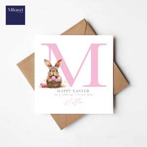 Cartão de Páscoa personalizado para menina - Cartão de Páscoa para filha - neta - sobrinha - coelho e laço - Cartão de Páscoa de coelho - Cartão inicial