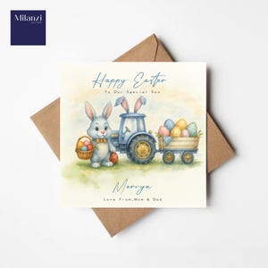 Carte bleue personnalisée de tracteur de Pâques pour les garçons, oeufs de pâques de lapin, agriculture de ferme, n'importe quel nom et relation, fils petit-fils neveu frère