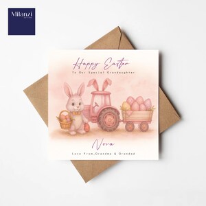 Carte personnalisée de tracteur de Pâques rose pour les filles, oeufs de pâques de lapin, agriculture agricole, n'importe quel nom et relation fille petit-fils nièce soeur