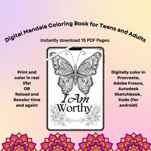 Mandala Digital para Colorir - Download Digital Instantâneo de Afirmações Positivas para Colorir, 15 Páginas, Livro de Colorir para Imprimir para Adolescentes ou Adultos