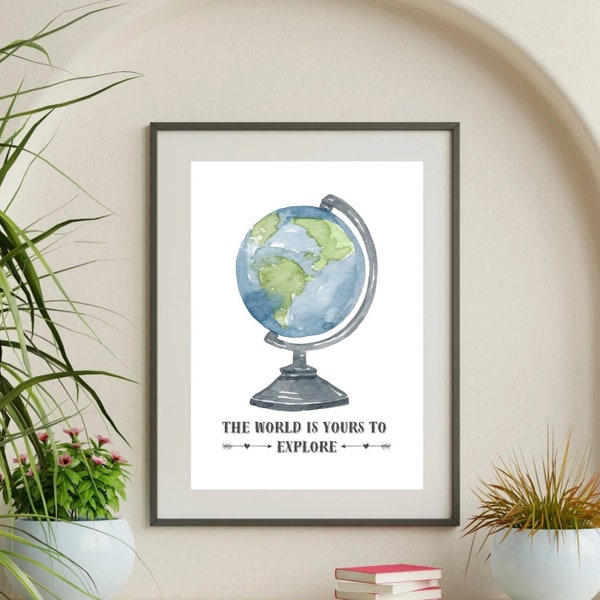 Wall art adventures, Travel poster, Adventure awaits, Explore classroom decor, World globe, Digital printable, Digital art download, Quote