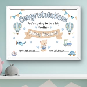 Plantilla de certificado personalizado de regalo de hermano mayor Felicitaciones por ser un hermano mayor Nuevo bebé Descarga instantánea imprimible