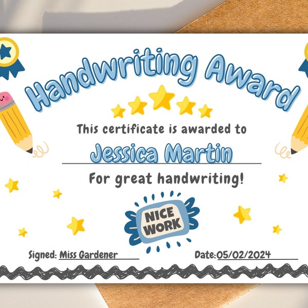 Handwriting award Congratulations Certificate template Children's certificate of achievement, Well done Homeschooling Digital Print Instant