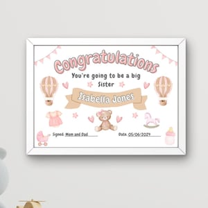 Plantilla de certificado personalizado de regalo para hermana mayor, felicitaciones por ser hermana mayor, nuevo bebé, descarga instantánea imprimible