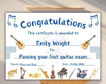 Musikschulzertifikat, bearbeitbar druckbar für Kinder, Glückwunschpreis, digitaler Download, Vorlage zum Ausdrucken