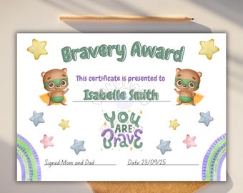 Editable Bravery Certificate, Printable for Kids, Congratulations award, Digital download, Template