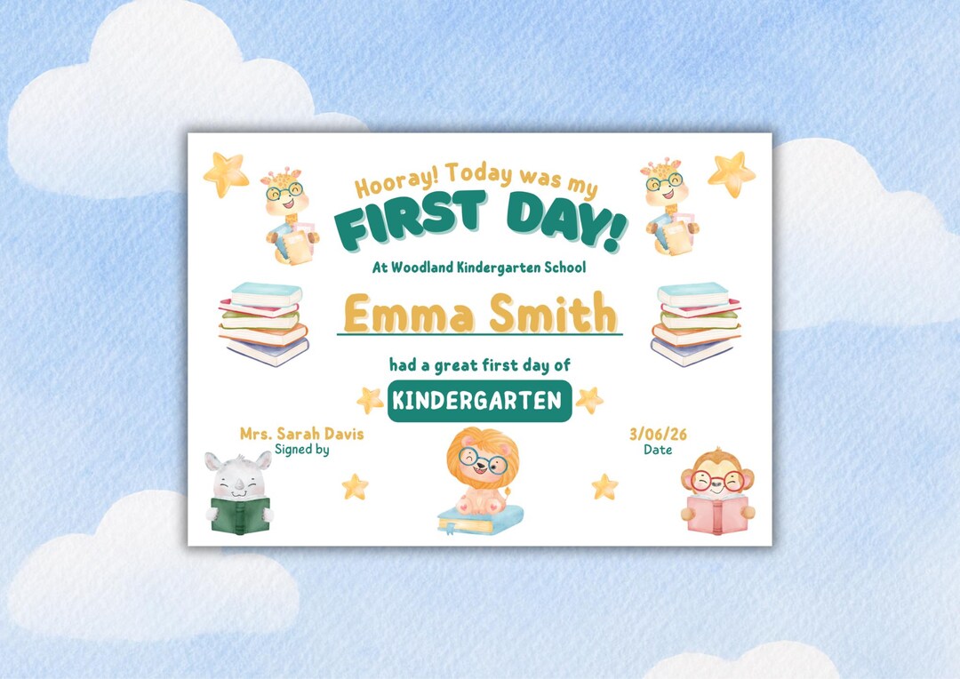 First Day at Kindergarten Certificate, Personalised Printable, Digital ...
