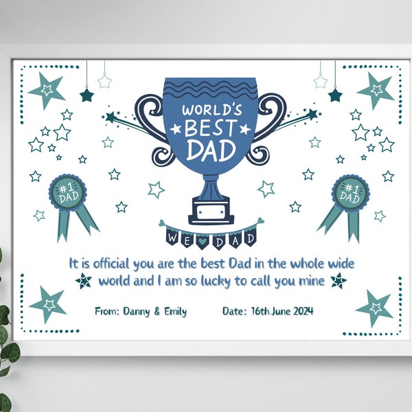 Fathers Day certificate gift Printable download best dad in the world Number one Daddy gift