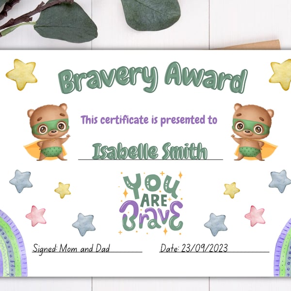Bravery award certificate Back to school Bravery award certificate Certificate of bravery certificate of recognition Digital print