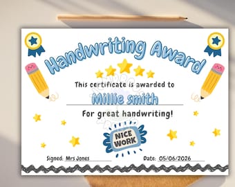 Classroom award templates, Handwriting Award Certificate, Editable Printable for Kids, Congratulations award, Digital download, Template