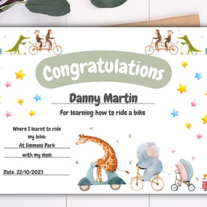 Bike certificate Digital print riding my bike award instant download achievement