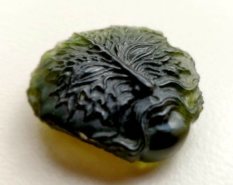 MOLDAVITE Carving 16g Hand Carved Green Man Face Dragonfly TOP Q Czech Gem Stone Natural Mineral Tektite Large 80ct